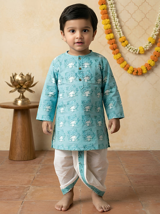 Polka Tots 100% Super Soft Cotton Tribal Print Full Sleeve Kurta With Dhoti Set - Sky Blue