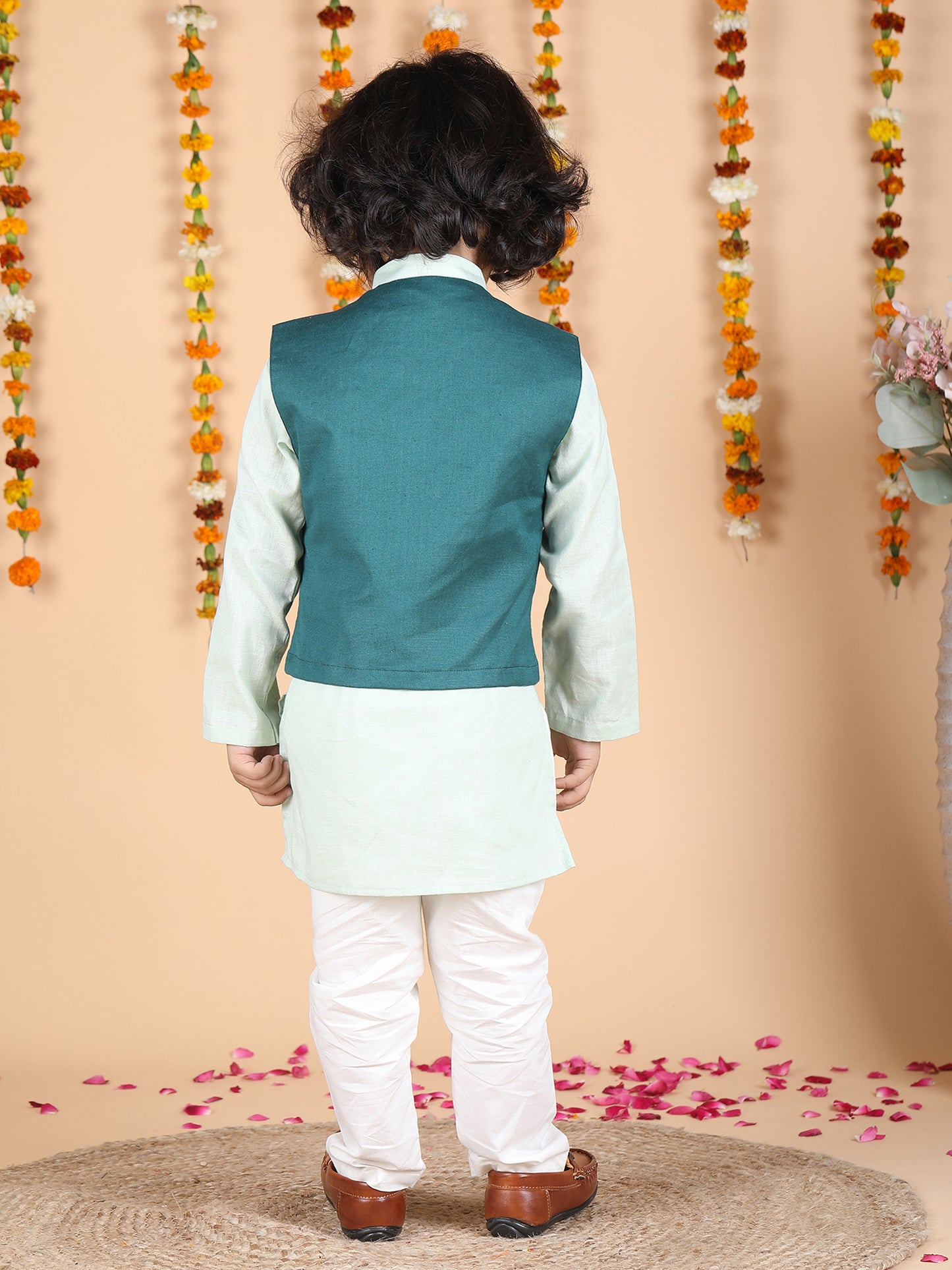 Polka Tots Full sleeves Lotus print Koti Kurta Pyjama - Green