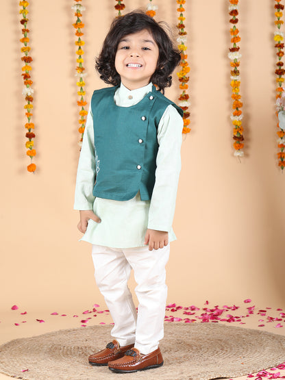 Polka Tots Full sleeves Lotus Embroidery Koti Kurta Pyjama - Green