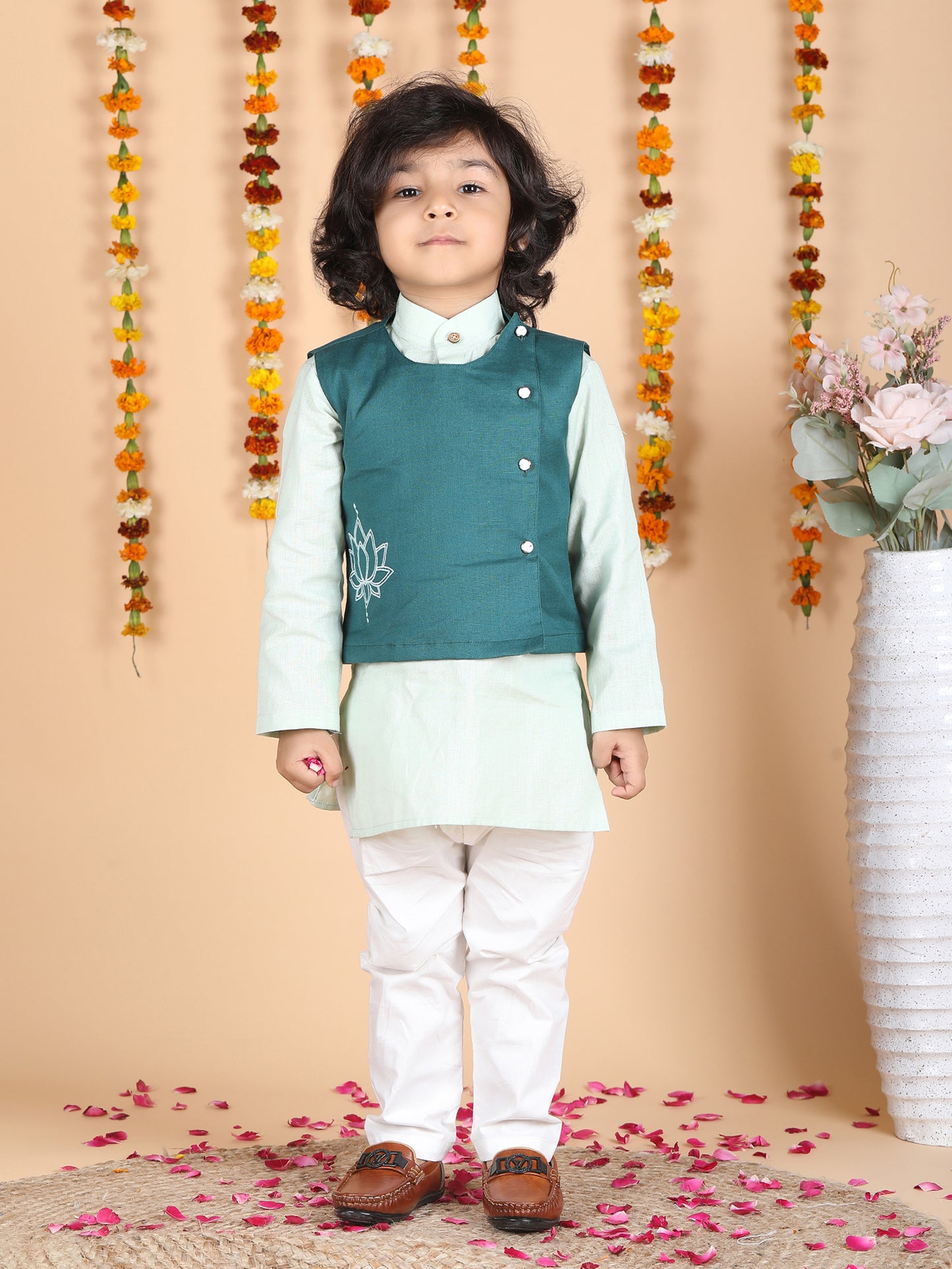 Polka Tots Full sleeves Lotus Embroidery Koti Kurta Pyjama - Green