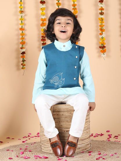 Polka Tots Full sleeves Birds Embroidery Koti Kurta Pyjama - Blue