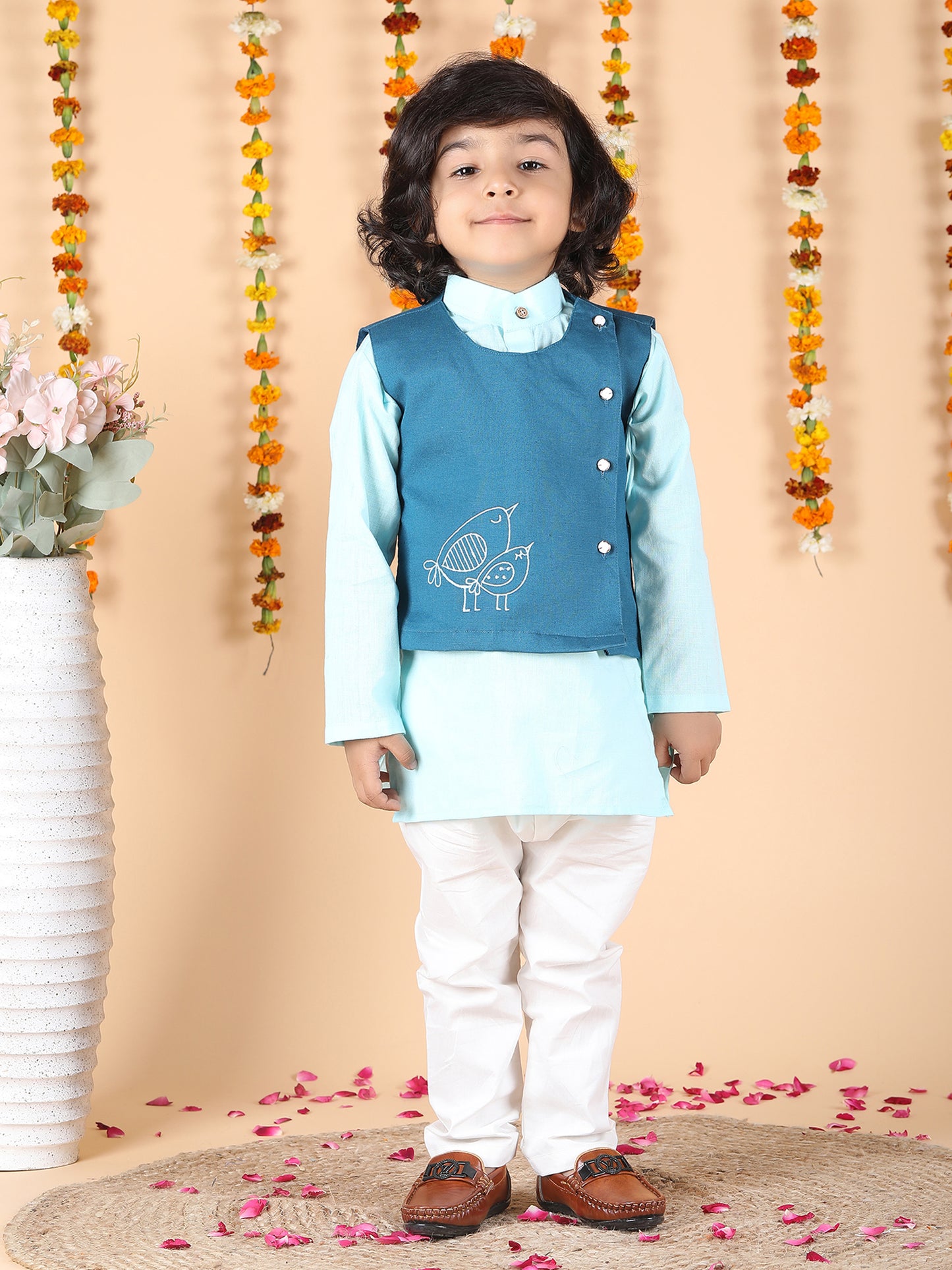 Polka Tots Full sleeves Birds print Koti Kurta Pyjama - Blue