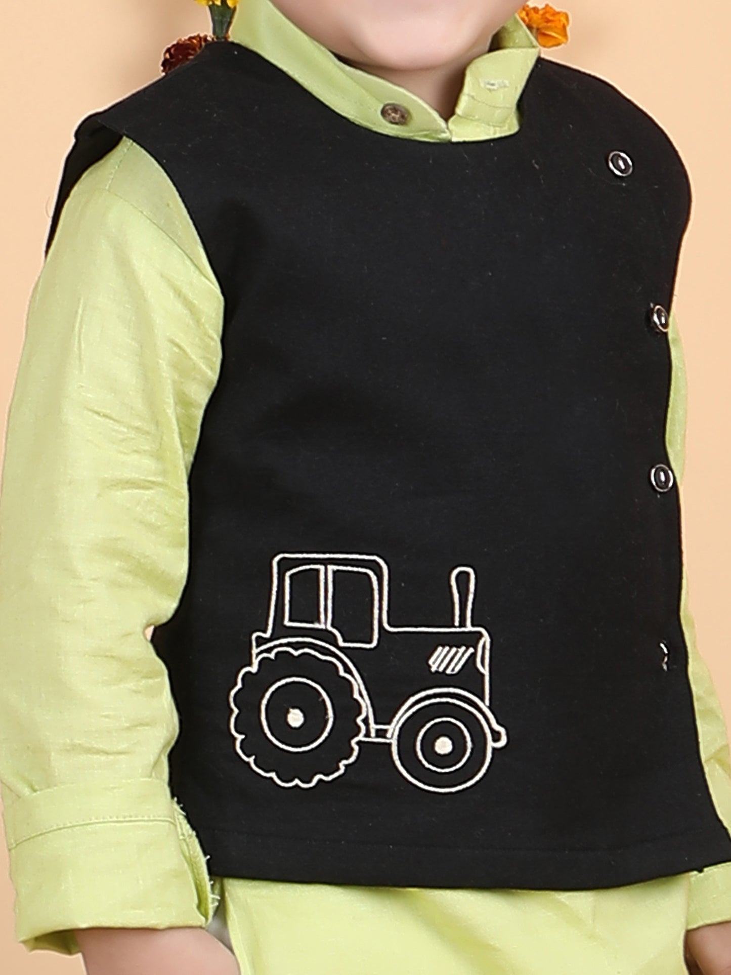 Polka Tots Full sleeves Tractor print Koti Kurta Pyjama - Green