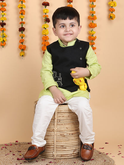 Polka Tots Full sleeves Tractor print Koti Kurta Pyjama - Green