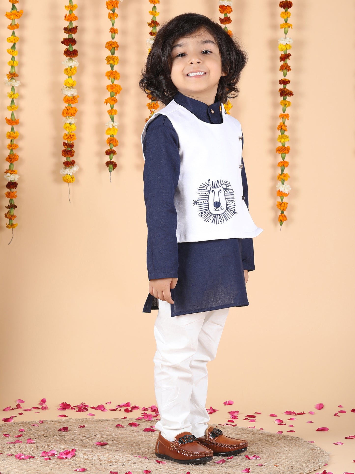 Polka Tots Full sleeves Lion Embroidery Koti Kurta Pyjama - Navy Blue