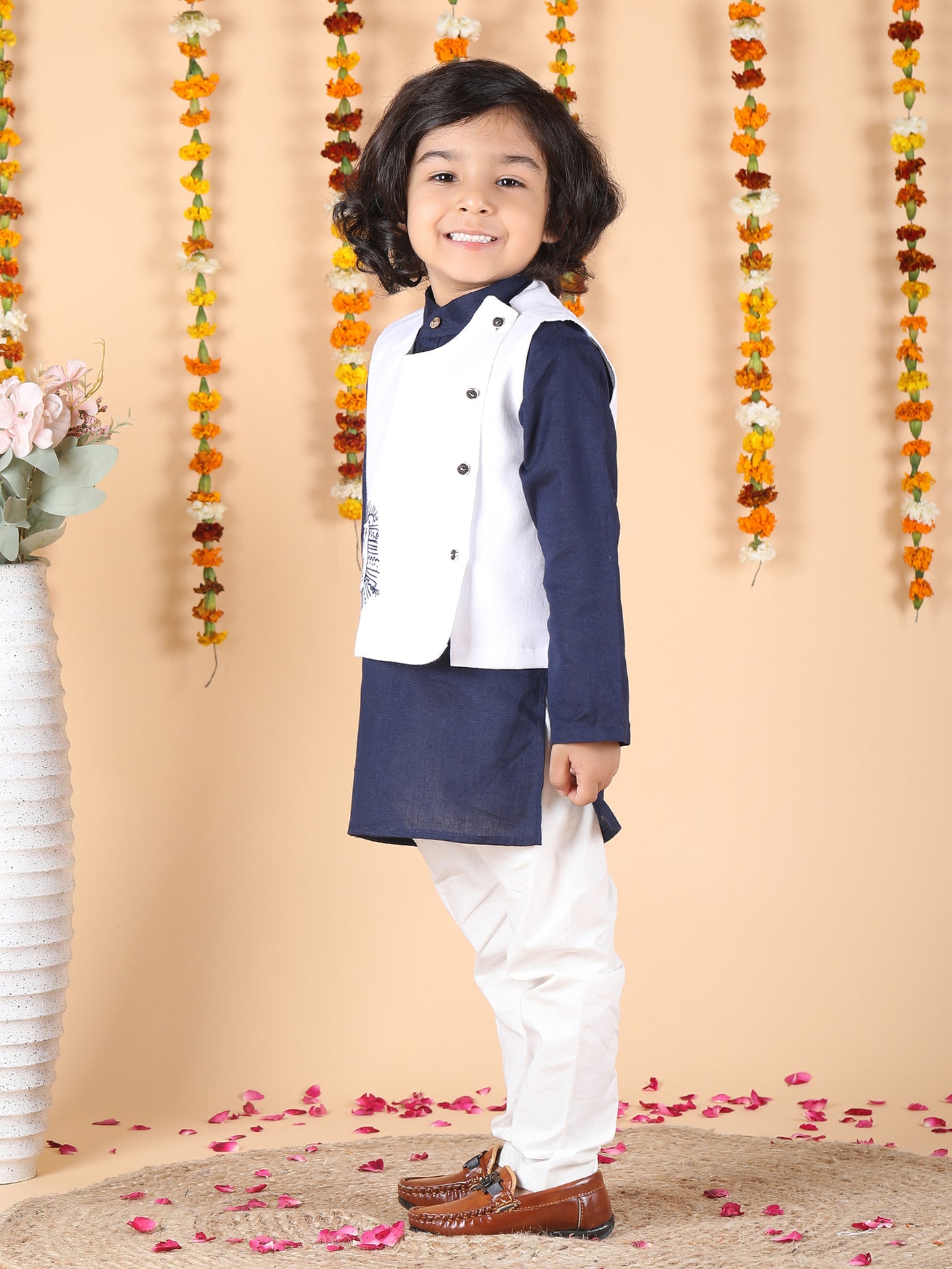 Polka Tots Full sleeves Lion Embroidery Koti Kurta Pyjama - Navy Blue