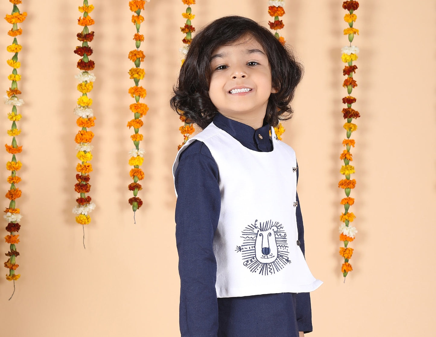 Polka Tots Full sleeves Lion print Koti Kurta Pyjama - Navy Blue