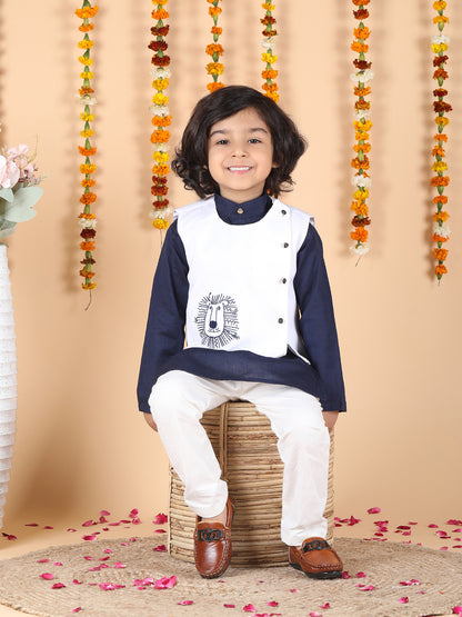 Polka Tots Full sleeves Lion Embroidery Koti Kurta Pyjama - Navy Blue