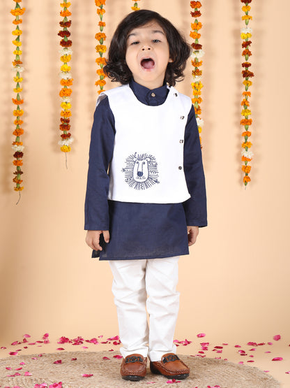 Polka Tots Full sleeves Lion print Koti Kurta Pyjama - Navy Blue