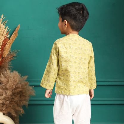 Polka Tots 100% Super Soft Cotton Full Sleeve Elephant Print Front Open Angrakha Kedia Pant Set - Green