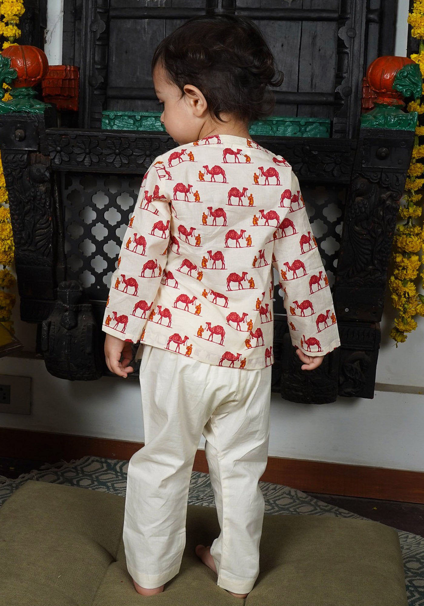 Polka Tots Cotton Camel Print Full Sleeves Angrakha Kedia Pant Set - Cream