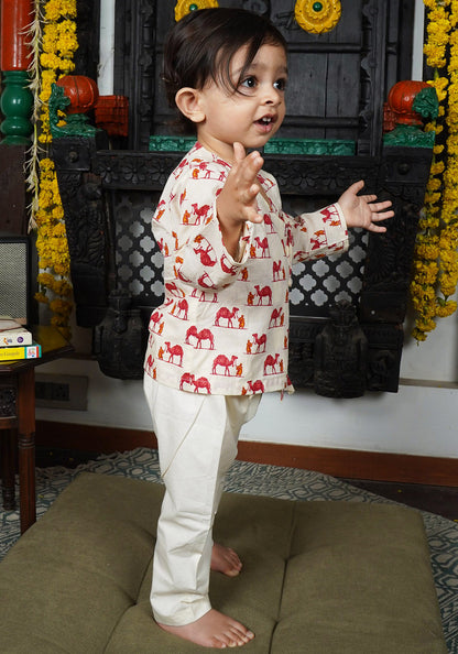 Polka Tots Cotton Camel Print Full Sleeves Angrakha Kedia Pant Set - Cream