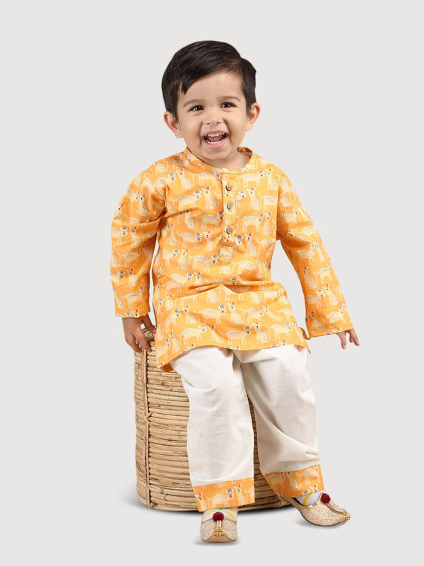 Polka Tots Cheetah print Full Sleeves Nightwear Kurta pyjama set - Yellow