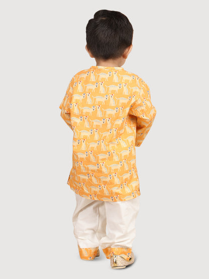 Polka Tots Full Sleeve Cheetah print Kurta Pyjama Set - Yellow