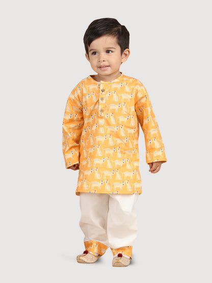 Polka Tots Full Sleeve Cheetah print Kurta Pyjama Set - Yellow