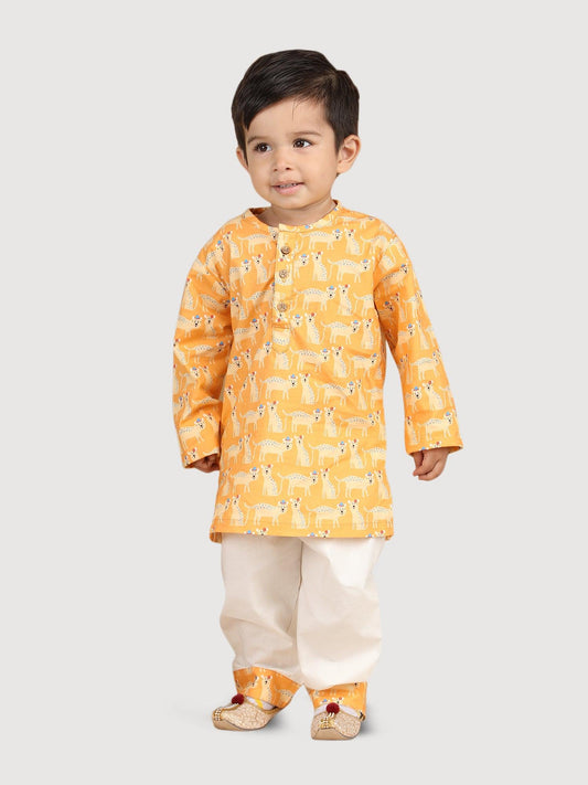 Polka Tots Cheetah print Full Sleeves Nightwear Kurta pyjama set - Yellow