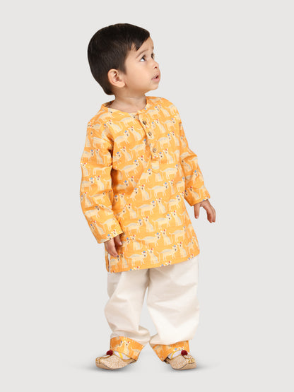 Polka Tots Full Sleeve Cheetah print Kurta Pyjama Set - Yellow