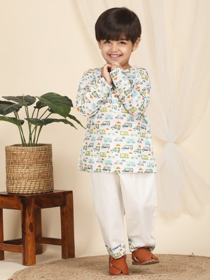 Polka Tots Full Sleeve Vehicles print Kurta Pyjama Set - Multicolor