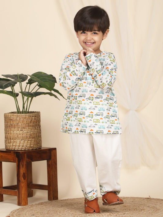 Polka Tots Vehicles print Full Sleeves Nightwear Kurta pyjama set - Multicolor