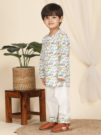 Polka Tots Full Sleeve Vehicles print Kurta Pyjama Set - Multicolor