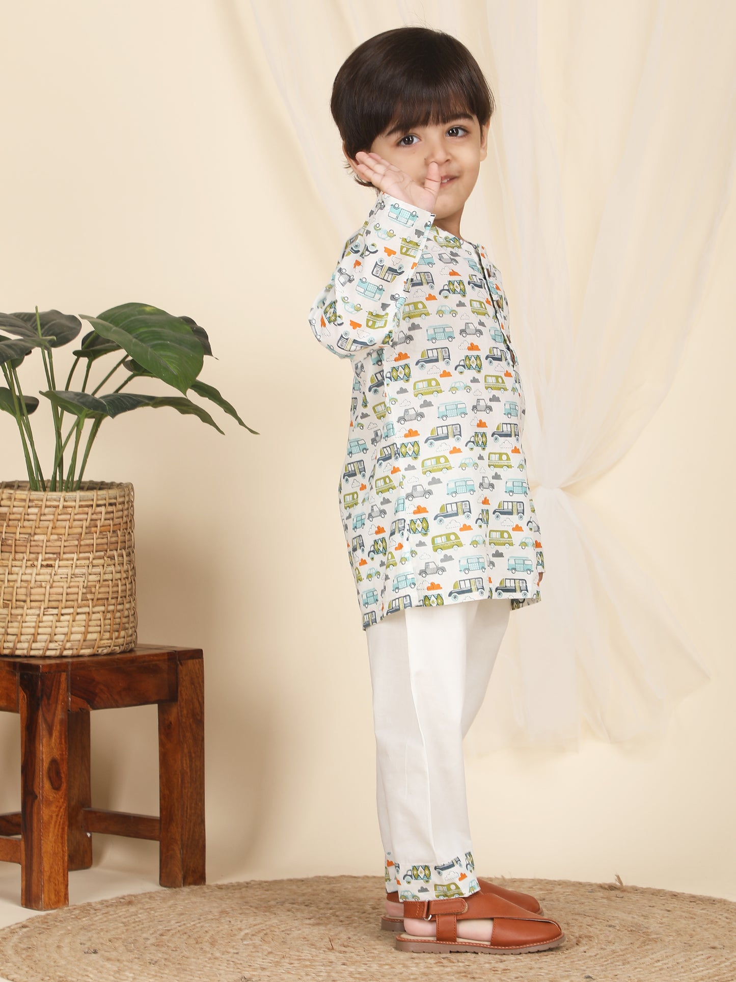 Polka Tots Full Sleeve Vehicles print Kurta Pyjama Set - Multicolor