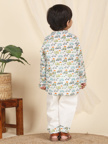 Polka Tots Full Sleeve Vehicles print Kurta Pyjama Set - Multicolor