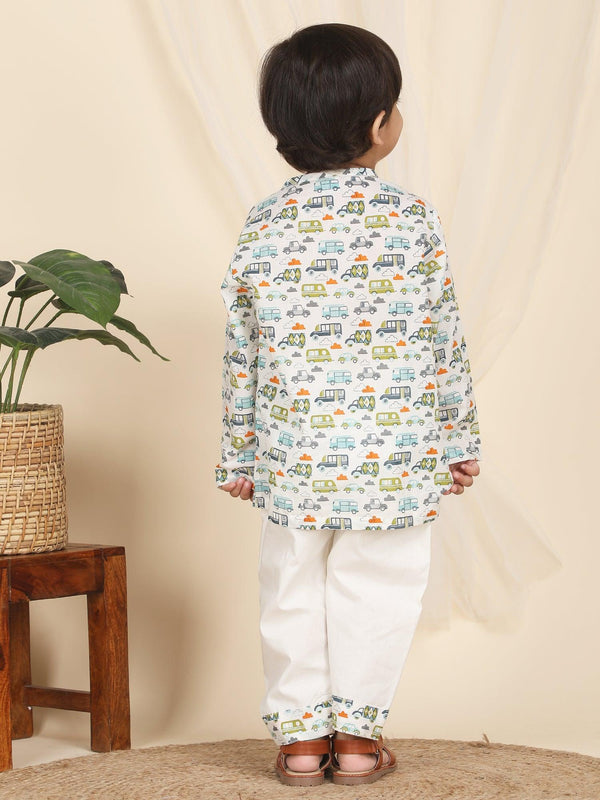 Polka Tots Vehicles print Full Sleeves Nightwear Kurta pyjama set - Multicolor