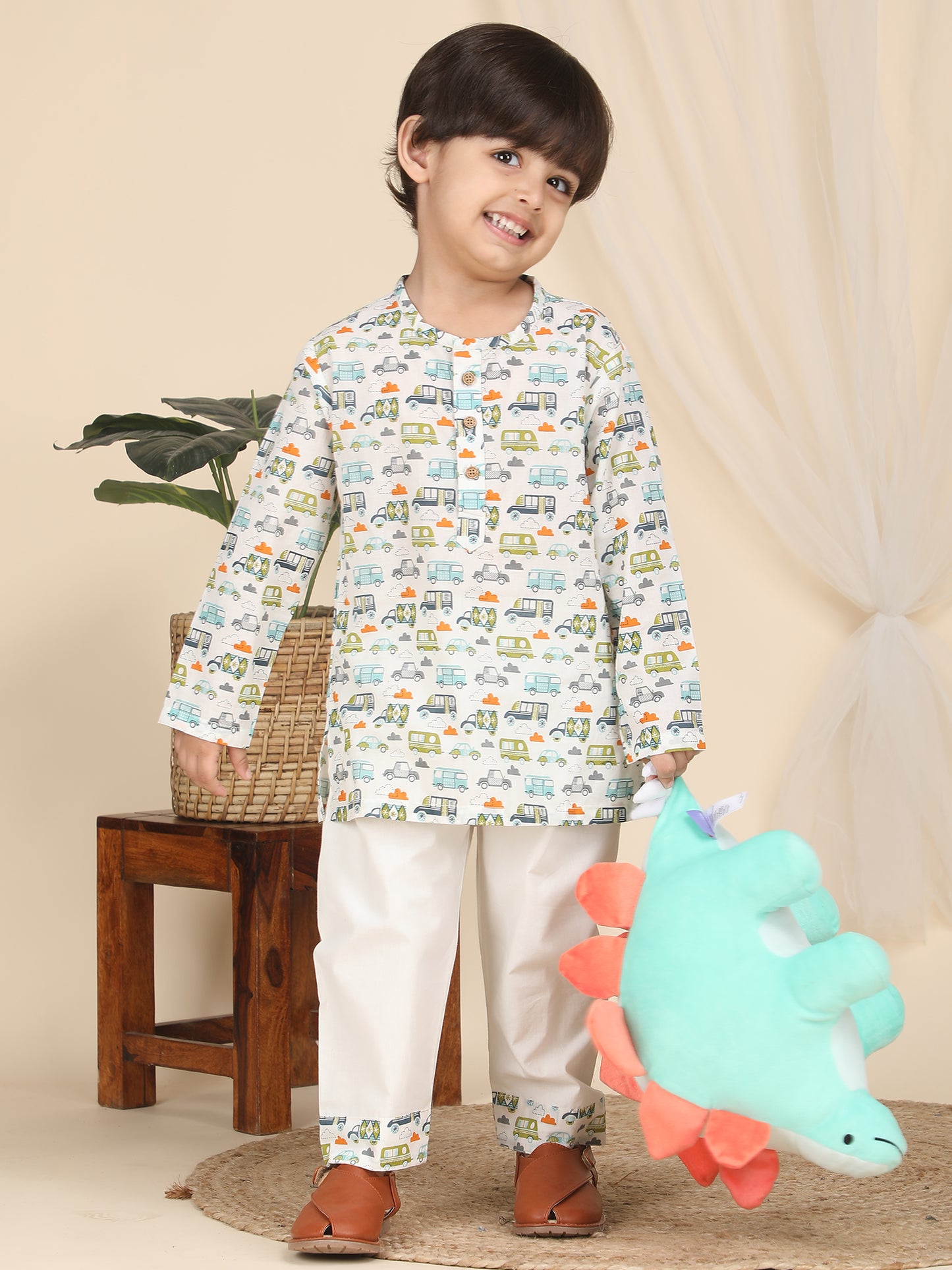 Polka Tots Full Sleeve Vehicles print Kurta Pyjama Set - Multicolor