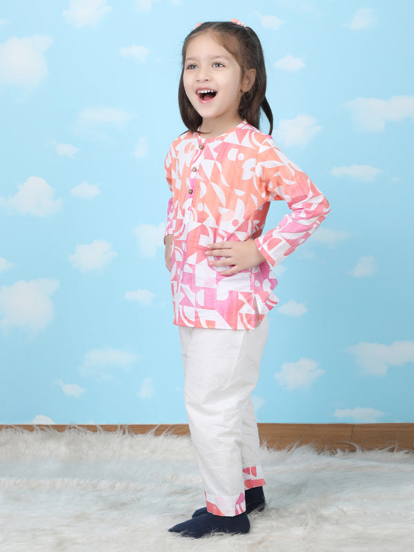Polka Tots Full sleeves Geometric print Nightwear Kurta pyjama set - Orange