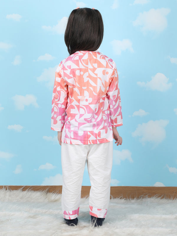 Polka Tots Full sleeves Geometric print Nightwear Kurta pyjama set - Orange