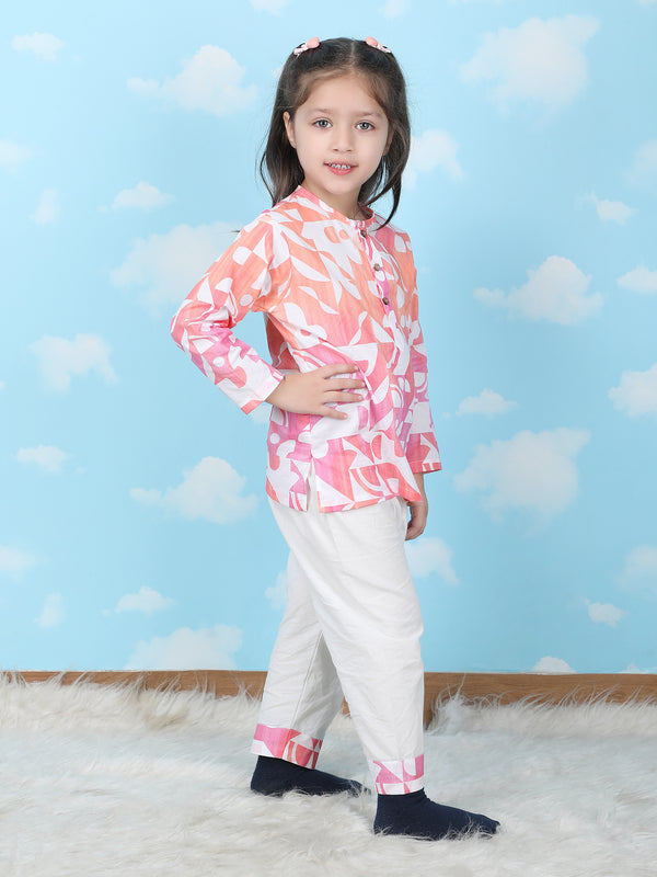 Polka Tots Full sleeves Geometric print Nightwear Kurta pyjama set - Orange