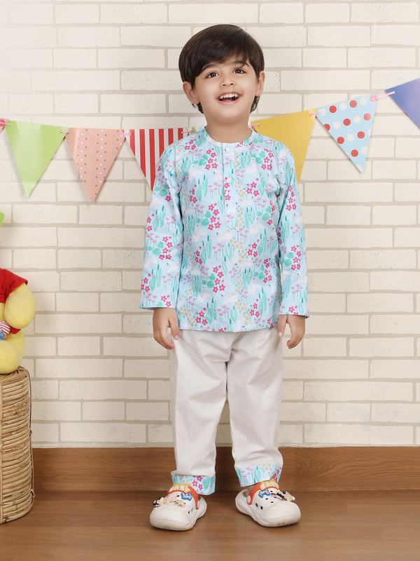 Polka Tots Swan print Full sleeves Nightwear Kurta pyjama set - Blue