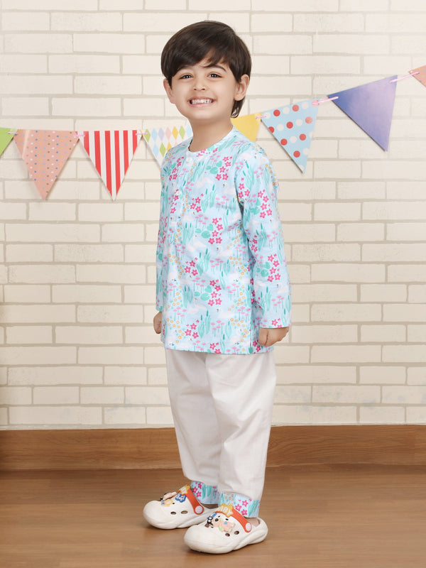 Polka Tots Swan print Full sleeves Nightwear Kurta pyjama set - Blue