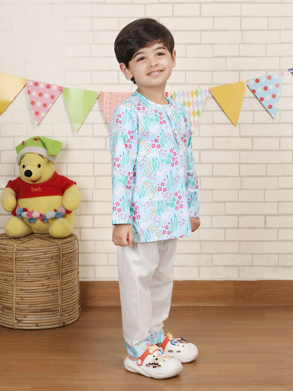 Polka Tots Swan print Full sleeves Nightwear Kurta pyjama set - Blue