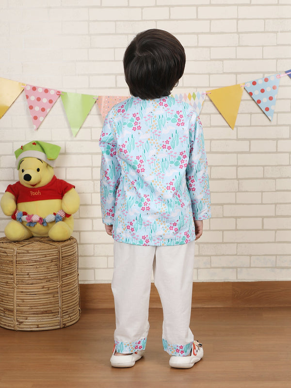 Polka Tots Swan print Full sleeves Nightwear Kurta pyjama set - Blue