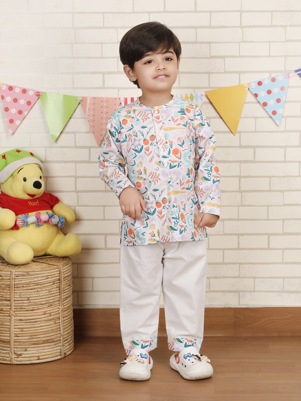 Polka Tots Fruit Floral print Full sleeves Nightwear Kurta pyjama set - Multicolor