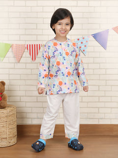 Polka Tots Nature Abstract print Full sleeves Nightwear Kurta pyjama set - Multicolor