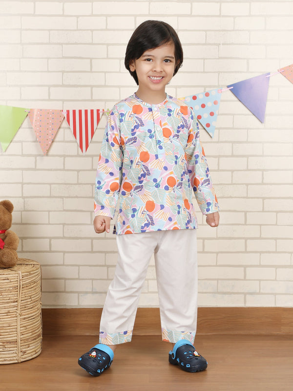 Polka Tots Nature Abstract print Full sleeves Nightwear Kurta pyjama set - Multicolor