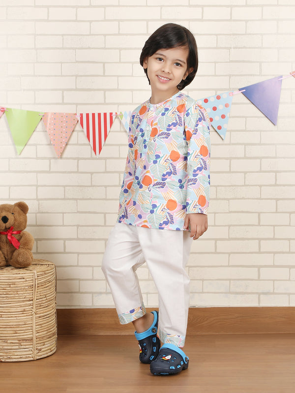 Polka Tots Nature Abstract print Full sleeves Nightwear Kurta pyjama set - Multicolor