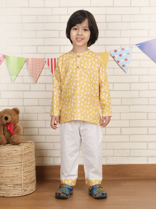 Polka Tots Birds print Full sleeves Nightwear Kurta pyjama set - Yellow