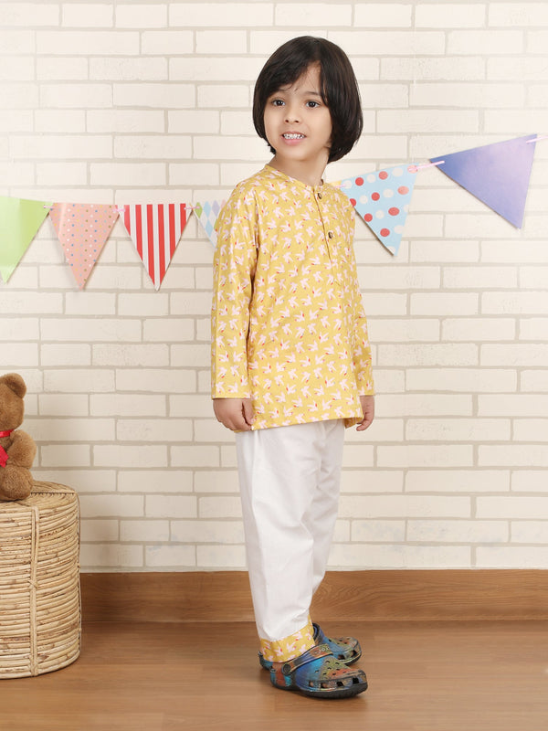 Polka Tots Birds print Full sleeves Nightwear Kurta pyjama set - Yellow