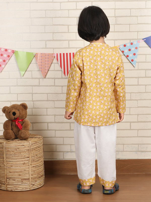 Polka Tots Birds print Full sleeves Nightwear Kurta pyjama set - Yellow