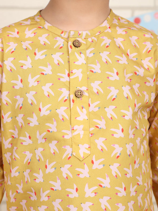 Polka Tots Birds print Full sleeves Nightwear Kurta pyjama set - Yellow