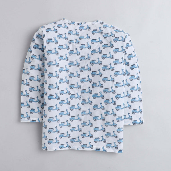 Polka Tots Scooter print Full sleeves Nightwear Kurta pyjama set -Blue
