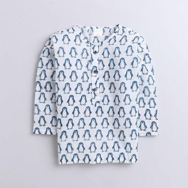 Polka Tots Penguin print Full sleeves Nightwear Kurta pyjama set - Blue