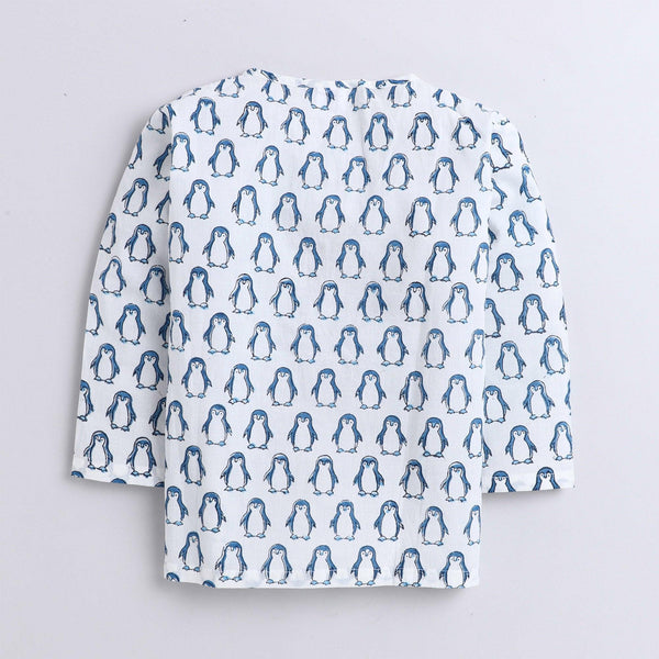 Polka Tots Penguin print Full sleeves Nightwear Kurta pyjama set - Blue