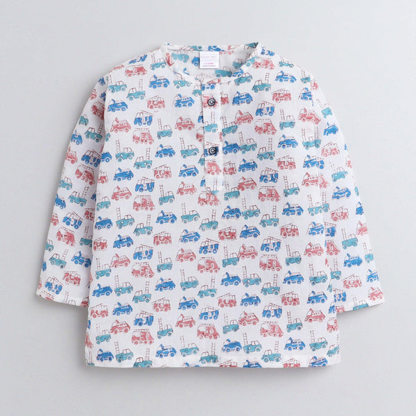Polka Tots Vehicle print Full sleeves Nightwear Kurta pyjama set - White