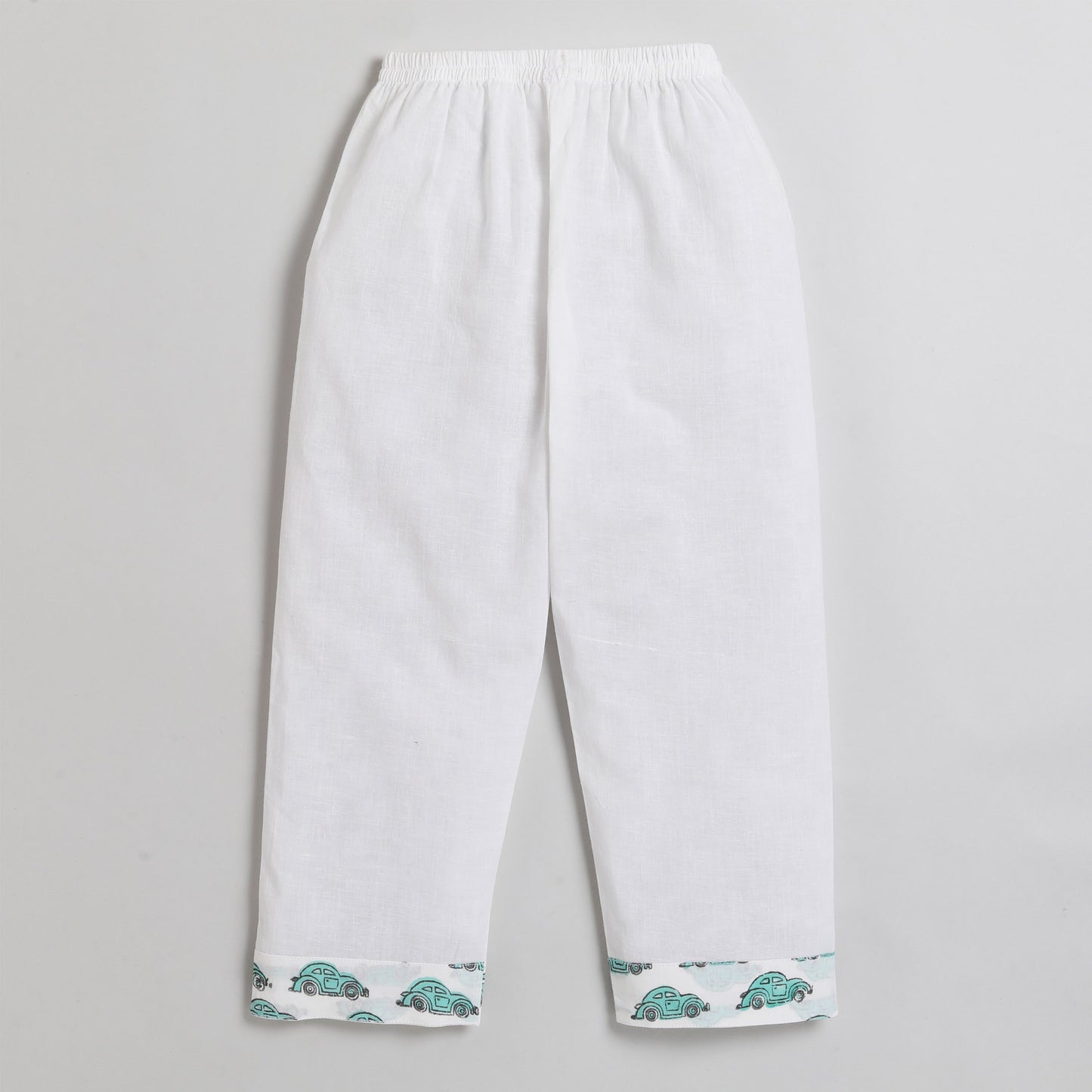 Polka Tots Kurta Pajama for Kids 100% Super Soft Cotton Night Suits for Boys & Girls Green Car Print - White