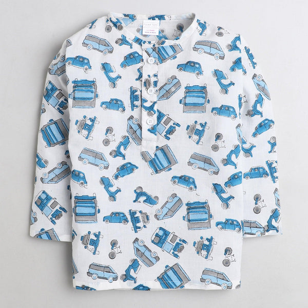 Polka Tots Vehicle print Full sleeves Nightwear Kurta pyjama set - Blue