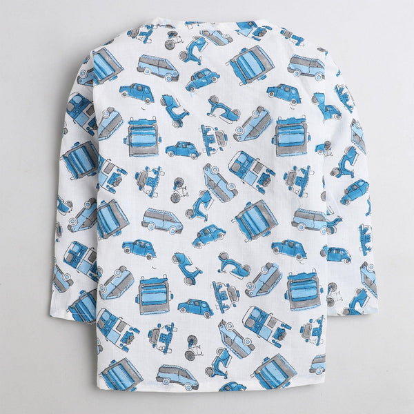 Polka Tots Vehicle print Full sleeves Nightwear Kurta pyjama set - Blue